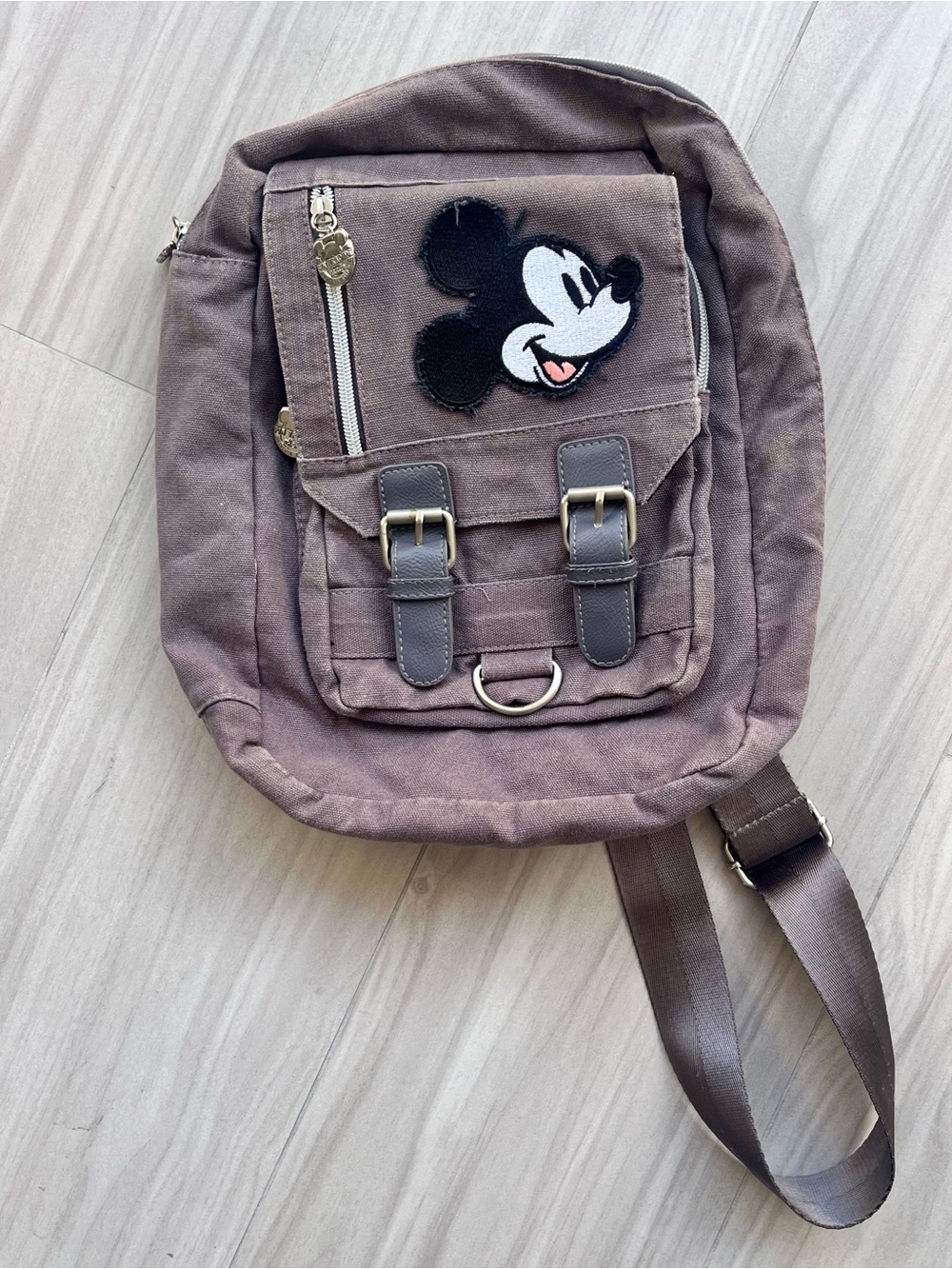 Disney Parks Mickey Mouse Pin Trading Sling Backpack Grey Canvas